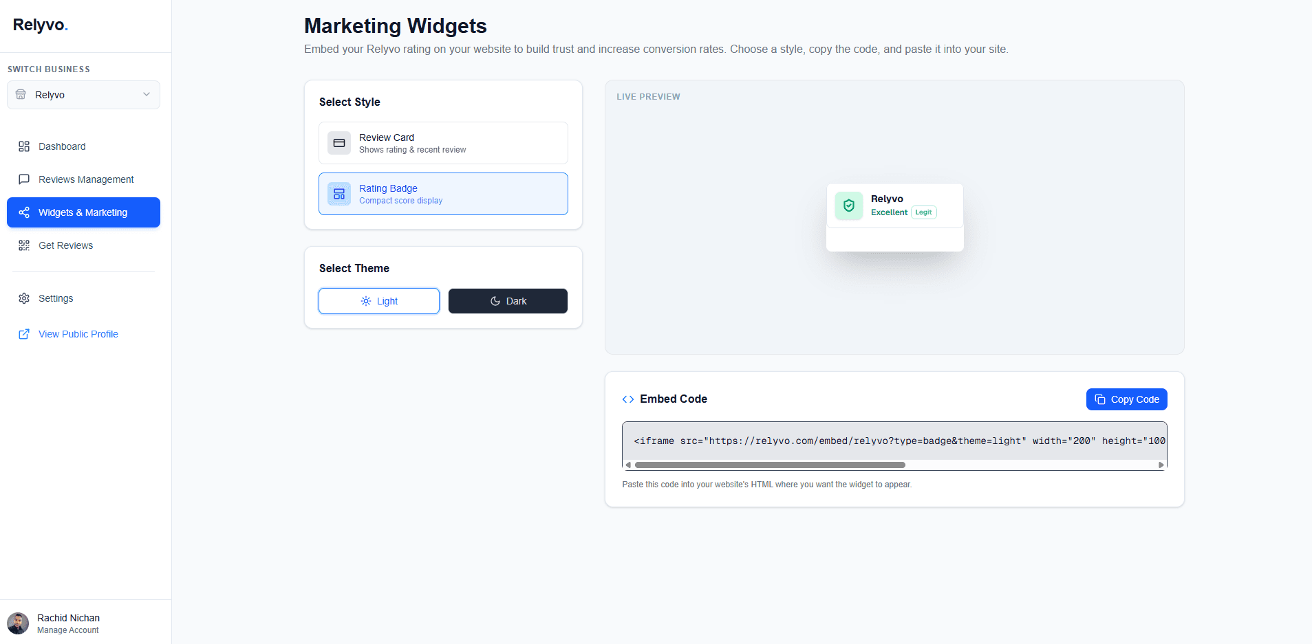 Relyvo Business Dashboard Preview